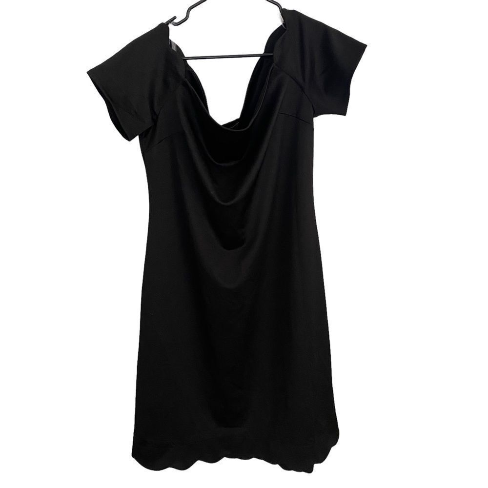 Monteau Dress Women 1X Black Cowl Neck Scalloped Hem PL11477 Short Sleeve Sheath